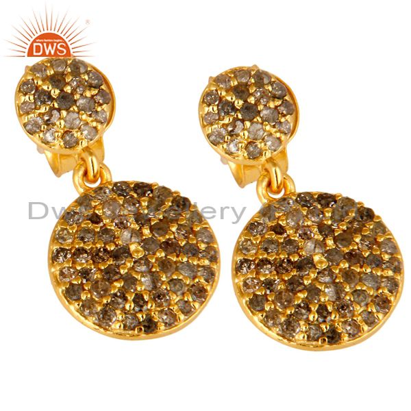 Exporter 14K Yellow Gold Sterling Silver Pave Set Diamond Disc Dangle Earrings