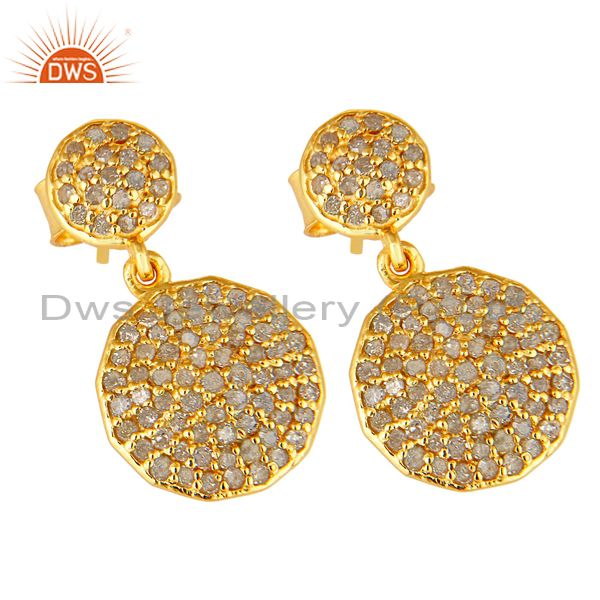 Exporter Pave Set Diamond Disc Dangle Earrings Made In 14K Yellow Gold On Sterling Silver