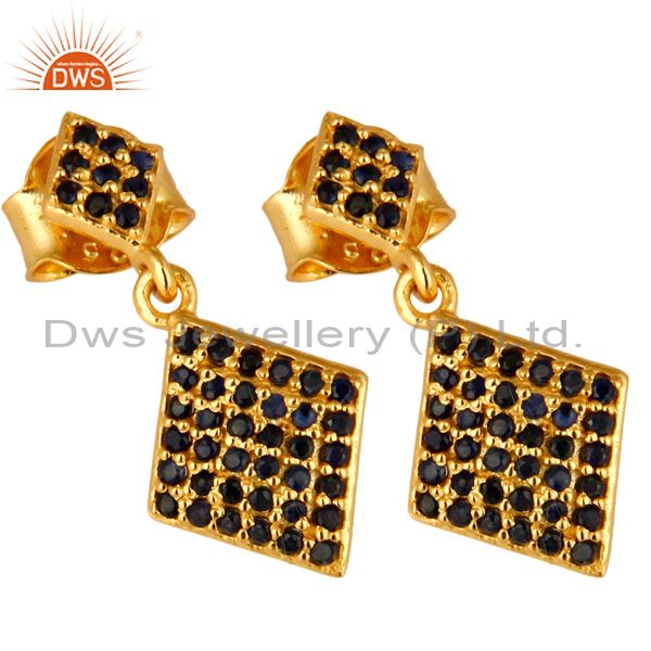Exporter Pave Set Blue Sapphire Sterling Silver Drop Earrings With 14K Yellow Gold Plated