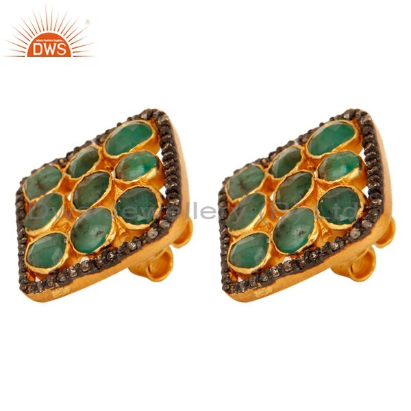 Exporter Natural Emerald And Pave Set Diamond 925 Sterling Silver Cushion Stud Earrings