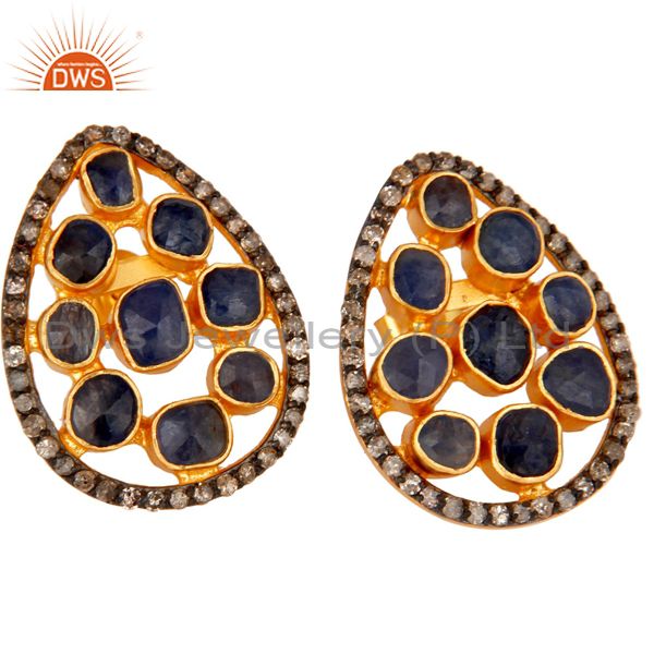 Exporter Natural Blue Sapphire Pave Diamond Stud Earrings 18K Gold Over Sterling Silver