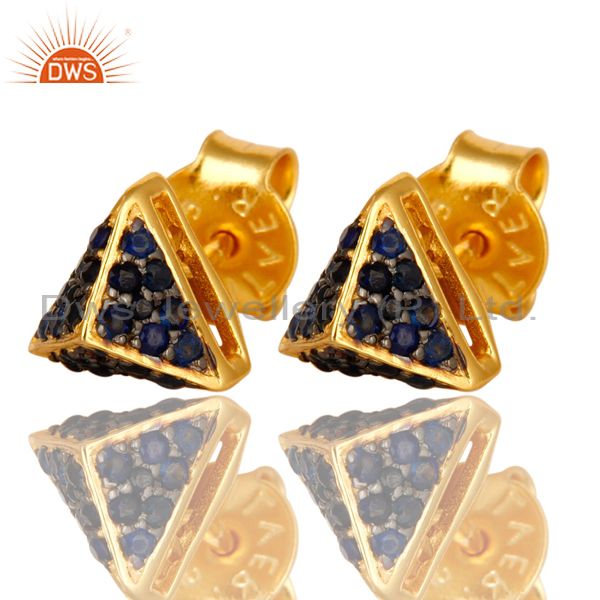Exporter 18K Yellow Gold Plated Sterling Silver Blue Sapphire Womens Stud Earrings