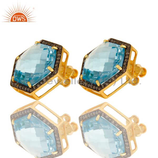Exporter Blue Topaz And Pave Set Diamond Hexagon Stud Earrings Made In 18K Gold On Silver