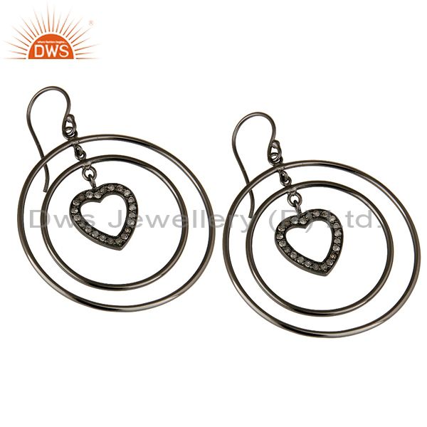 Exporter Oxidized Sterling Silver Pave Set Diamond Heart Design Circle Dangle Earrings