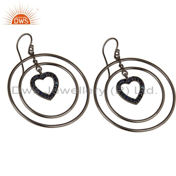 Exporter Oxidized Sterling Silver Blue Sapphire Heart Design Multi Circle Dangle Earrings