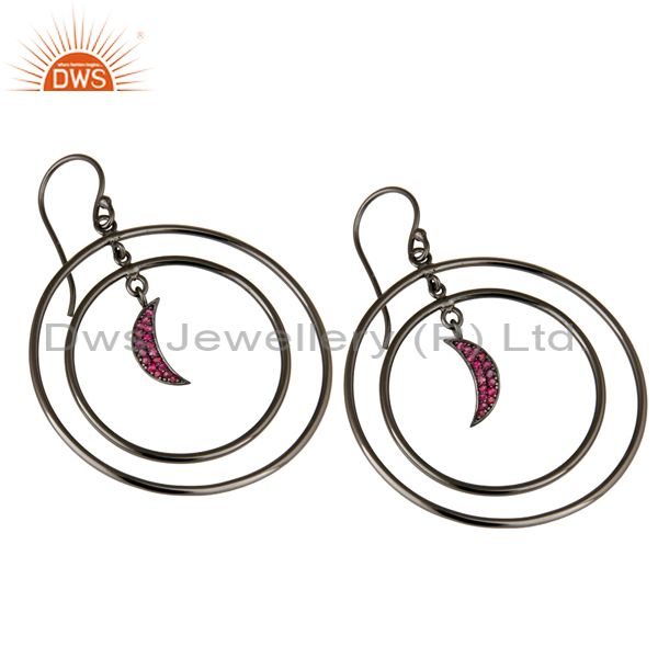 Exporter Oxidized Sterling Silver Natural Ruby Half Moon Charm Circle Dangle Earrings