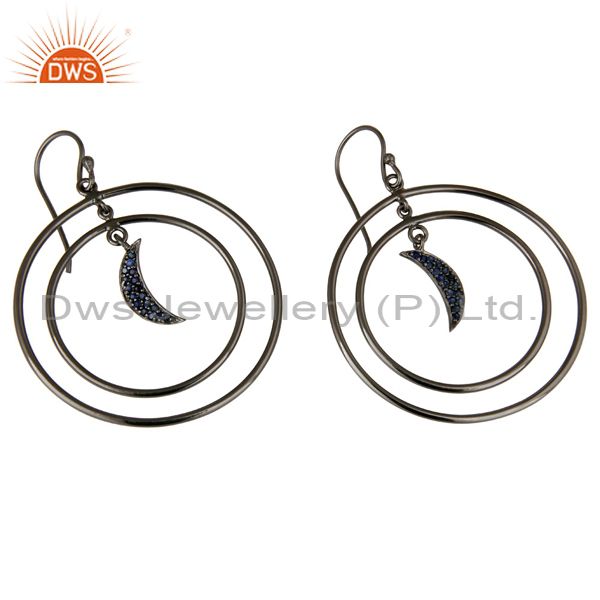 Exporter Oxidized Sterling Silver Blue Sapphire Half Moon Charm Circle Dangle Earrings