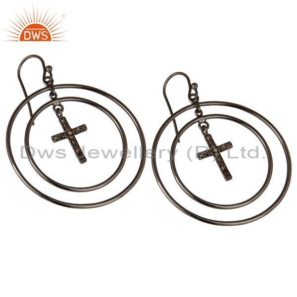 Exporter Oxidized Sterling Silver Pave Setting Diamond Cross Circle Dangle Earrings