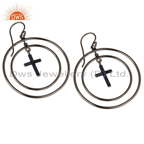 Exporter Oxidized Sterling Silver Pave Setting Blue Sapphire Cross Circle Dangle Earrings