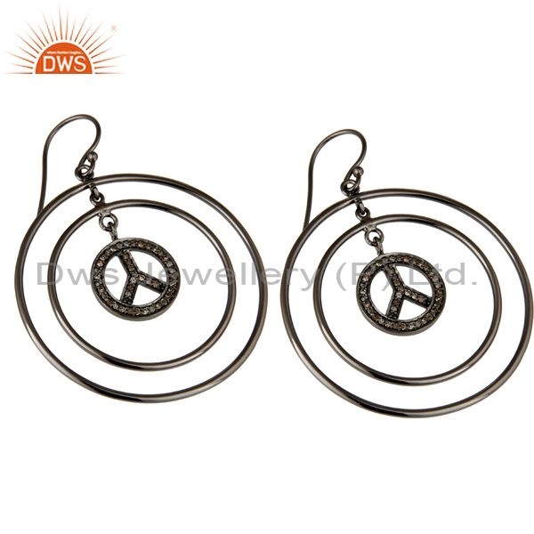 Exporter Oxidized Sterling Silver Pave Setting Diamond Peace Sign Circle Dangle Earrings