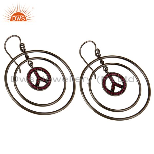 Exporter Oxidized Sterling Silver Pave Setting Ruby Peace Sign Birthstone Dangle Earrings