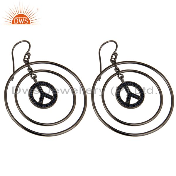 Exporter Oxidized Sterling Silver Pave Setting Blue Sapphire Peace Sign Dangle Earrings