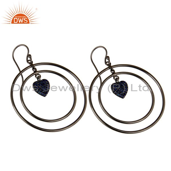 Exporter Oxidized Sterling Silver Pave Blue Sapphire Heart Design Circle Dangle Earrings