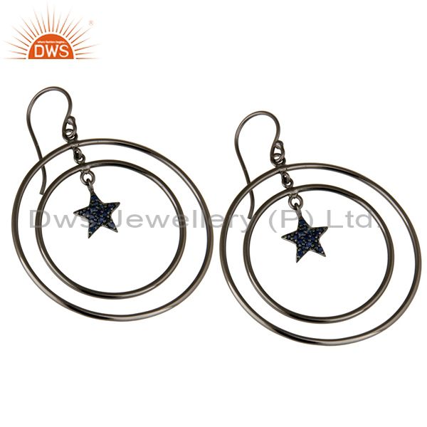 Exporter Oxidized Sterling Silver Blue Sapphire Star Multi Circle Dangle Earrings