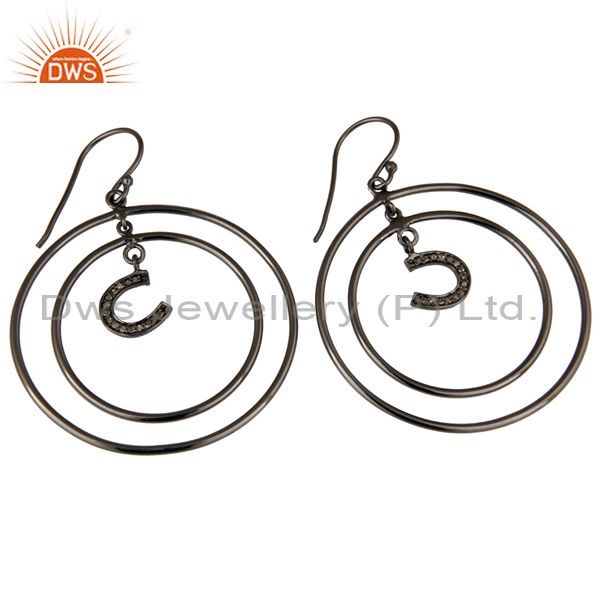 Exporter Oxidized Sterling Silver Pave Diamond Horseshoes Design Circle Dangle Earring