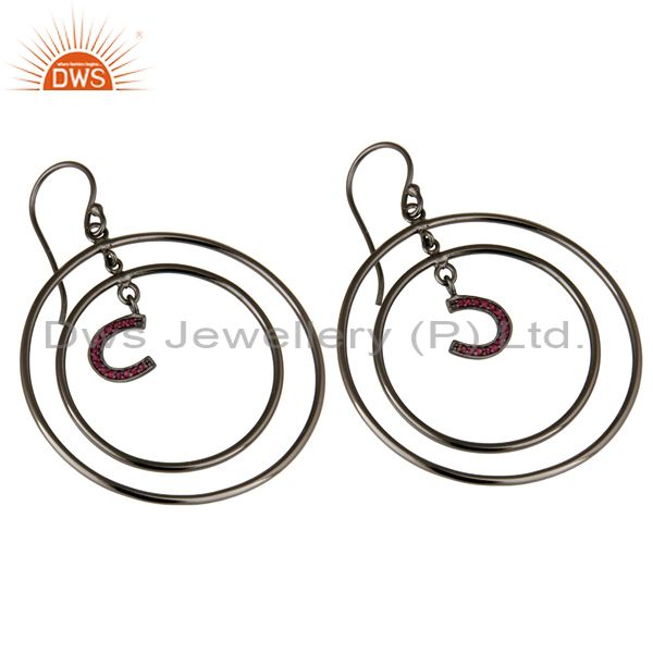 Exporter Oxidized Sterling Silver Pave Ruby Horseshoes Design Multi Circle Dangle Earring