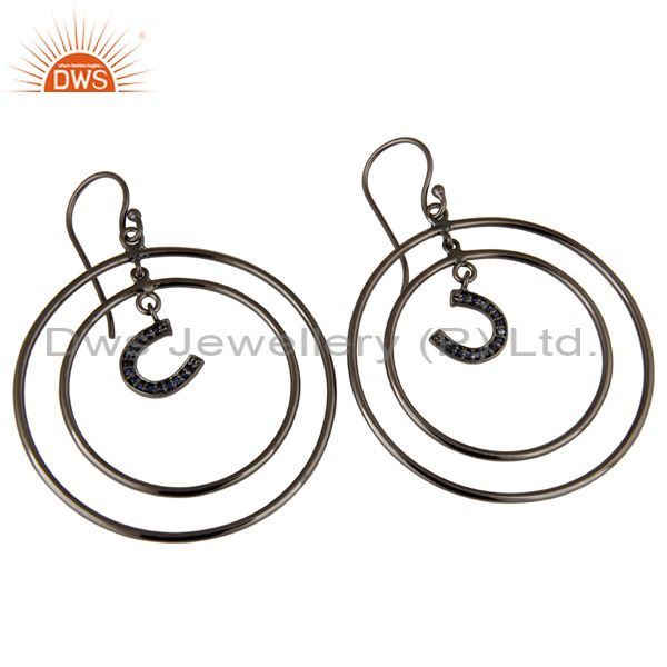Exporter Oxidized Sterling Silver Pave Blue Sapphire Horseshoes Circle Dangle Earring
