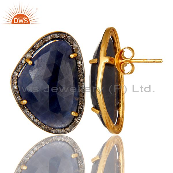 Exporter 14K Gold Over Sterling Silver Pave Set Diamond And Blue Sapphire Stud Earrings