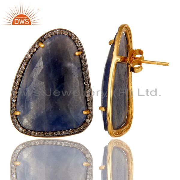 Exporter 18K Gold Sterling Silver Pave Diamond And Blue Sapphire Fashion Stud Earrings
