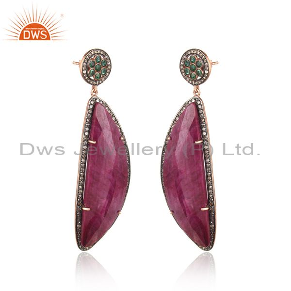 Exquisite diamond rose gold on silver earring with emerald and ruby