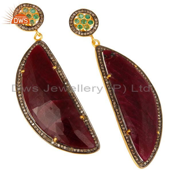 Exporter 18K Yellow Gold Sterling Silver Pave Diamond And Ruby Slice Dangle Earrings