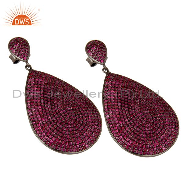 Exporter Oxidized Sterling Silver Pave Setting Natural Ruby Teardrop Earrings