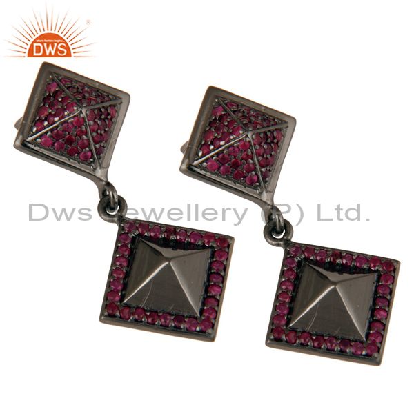 Exporter Oxidized Sterling Silver Pave Setting Ruby Birthstone Pyramid Dangle Earring