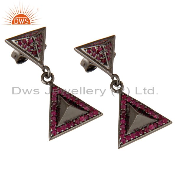 Exporter Pave Setting Ruby Oxidized Sterling Silver Pyramid Dangle Drop Earring