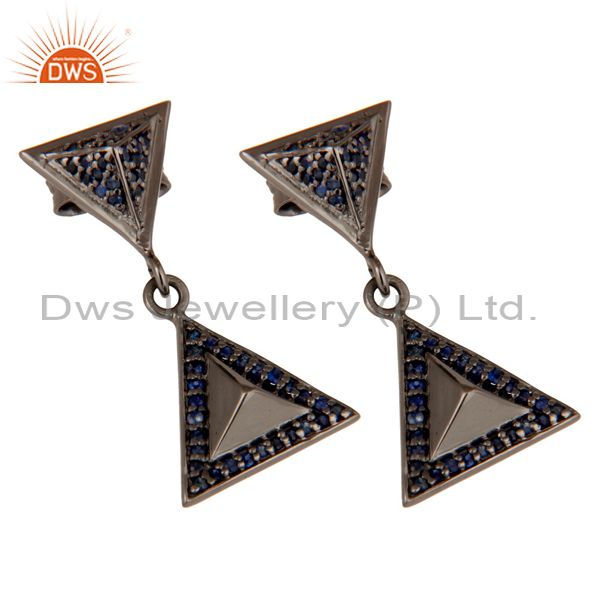 Exporter Pave Setting Blue Sapphire Oxidized Sterling Silver Pyramid Dangle Drop Earring
