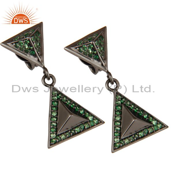 Exporter Pave Setting Tsavourite Oxidized Sterling Silver Pyramid Dangle Drop Earring