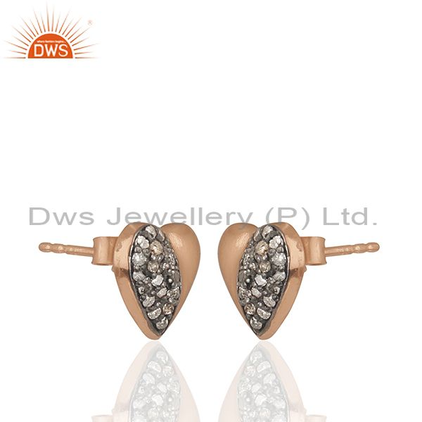 Exporter Pave Diamond Heart Design Rose Gold Plated Silver Stud Earrings