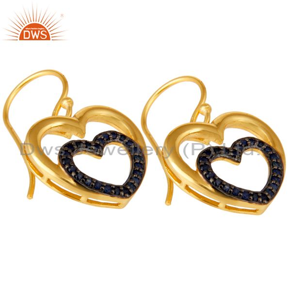 Exporter Blue Sapphire and 18K Gold Plated Sterling Silver Heart Design Ear Stud