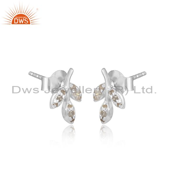 Leaf design 925 sterling silver natural diamond stud earring