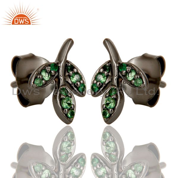 Exporter Tsavourite and Black Oxidized Sterling Silver Leaf Style Stud Earring