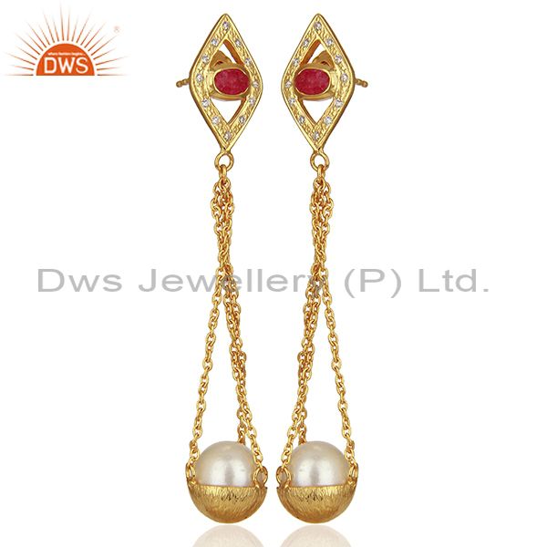 Exporter Natural Pearl Gold Plated Silver Cz Gemstone Earring Manufacturer
