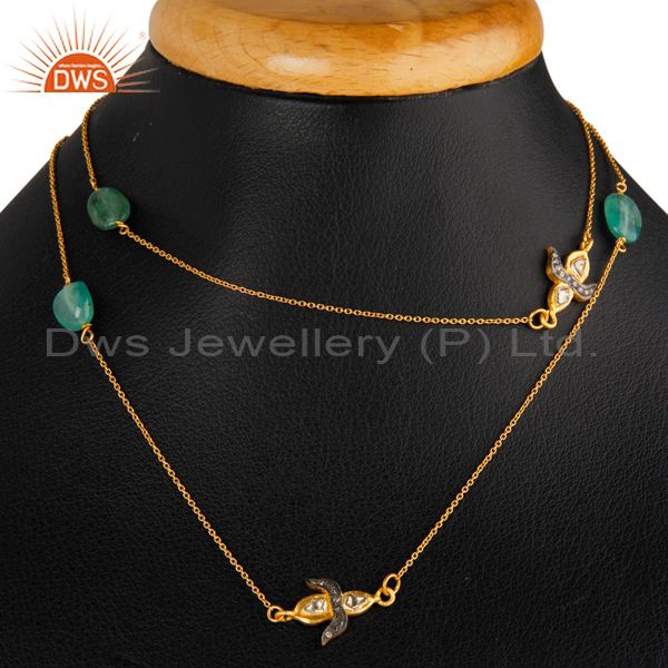 Exporter Natural Emerald Gemstone Necklace Sterling Silver Rose Cut Diamond Pave Jewelry