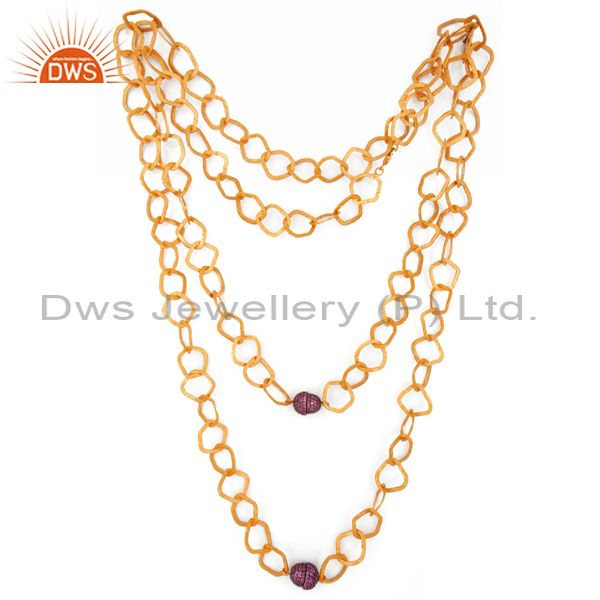 Exporter 24K Gold Plated Sterling Silver Pink Sapphire Hammered Link Chain Necklace