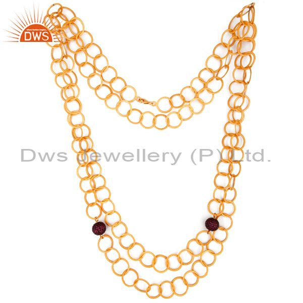 Exporter 22K Yellow Gold Plated Sterling Silver Ruby Hammered Link Chain Necklace