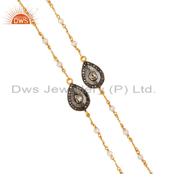 Exporter Diamond Fancy & Round Cut 24K Gold Plated 925 Sterling Silver 32" Chain Necklace