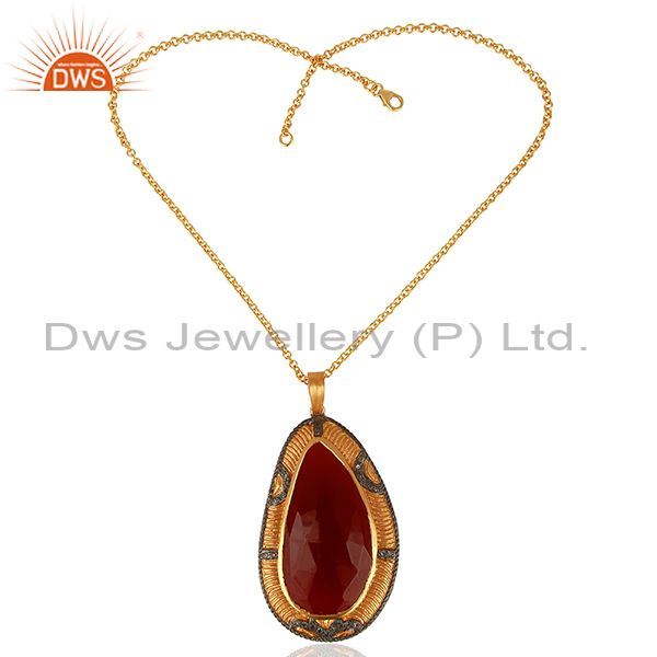 Suppliers Pave Diamond Red onyx Semi-Precious Gemstones 24k Gold Plated Pendant Necklace