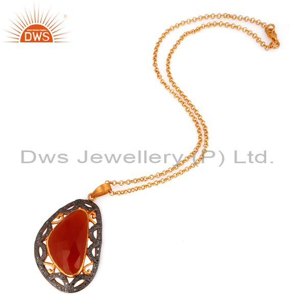 Exporter 925 Sterling Silver Pave Diamond Carnelian Gemstone Pendant Necklace Jewelry