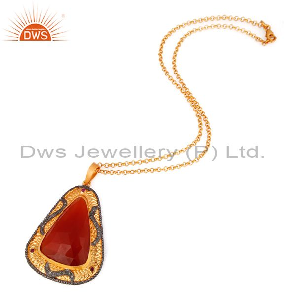 Exporter 18k Gold Over Sterling Silver Pave Diamond Carnelian Gemstone Pendant Necklace