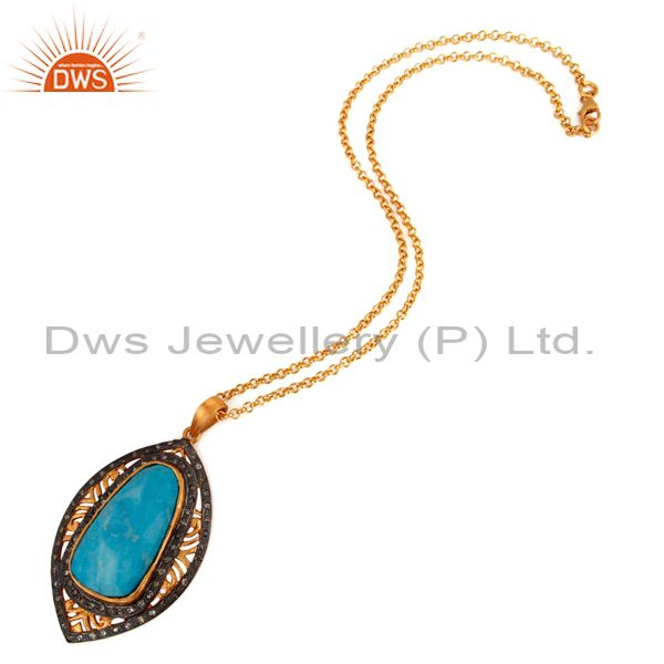 Exporter 18k Gold Over Sterling Silver Turquoise Gemstone Pave Diamond Designer Pendant