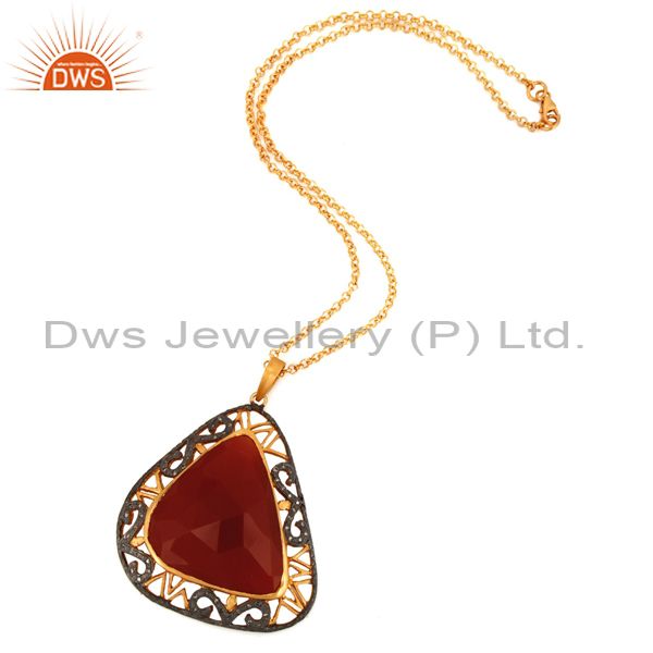 Exporter Designer 925 Sterling Silver Pave Diamond Red Onyx Gemstone Pendant With Chain