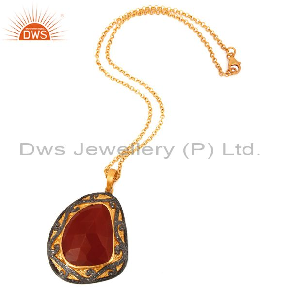 Exporter Faceted Red Onyx 925 Sterling Silver Studded Natural Diamond Pendant Necklace