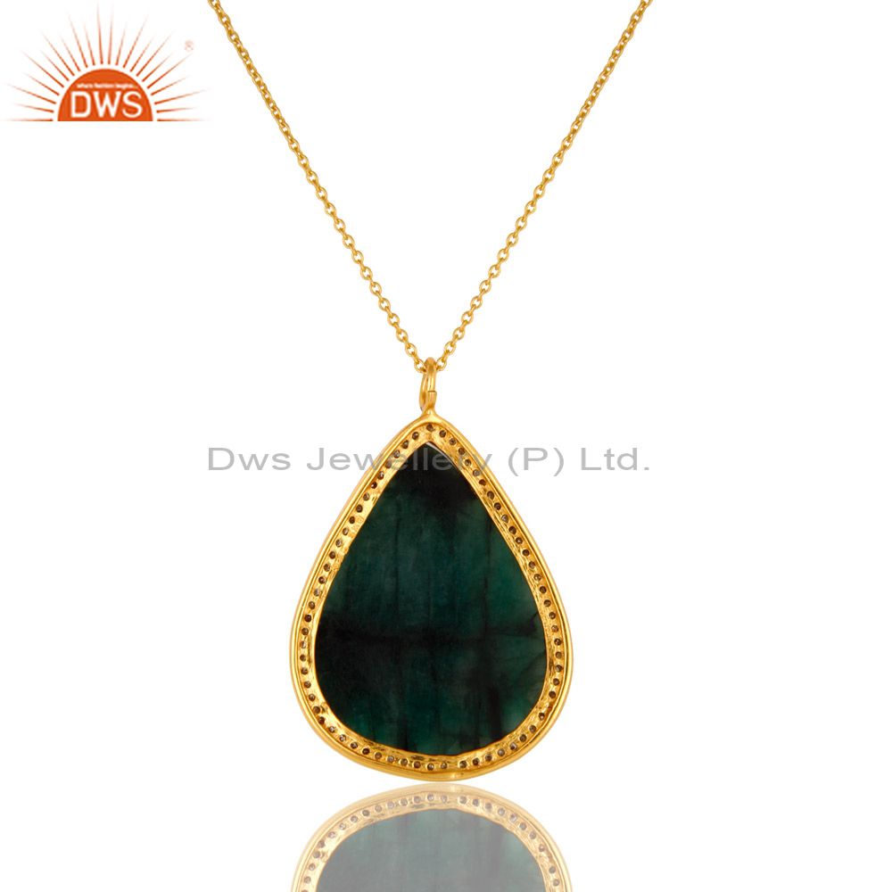 Suppliers 14K Yellow Gold Sterling Silver Pave Diamond Emerald Gemstone Pendant With Chain