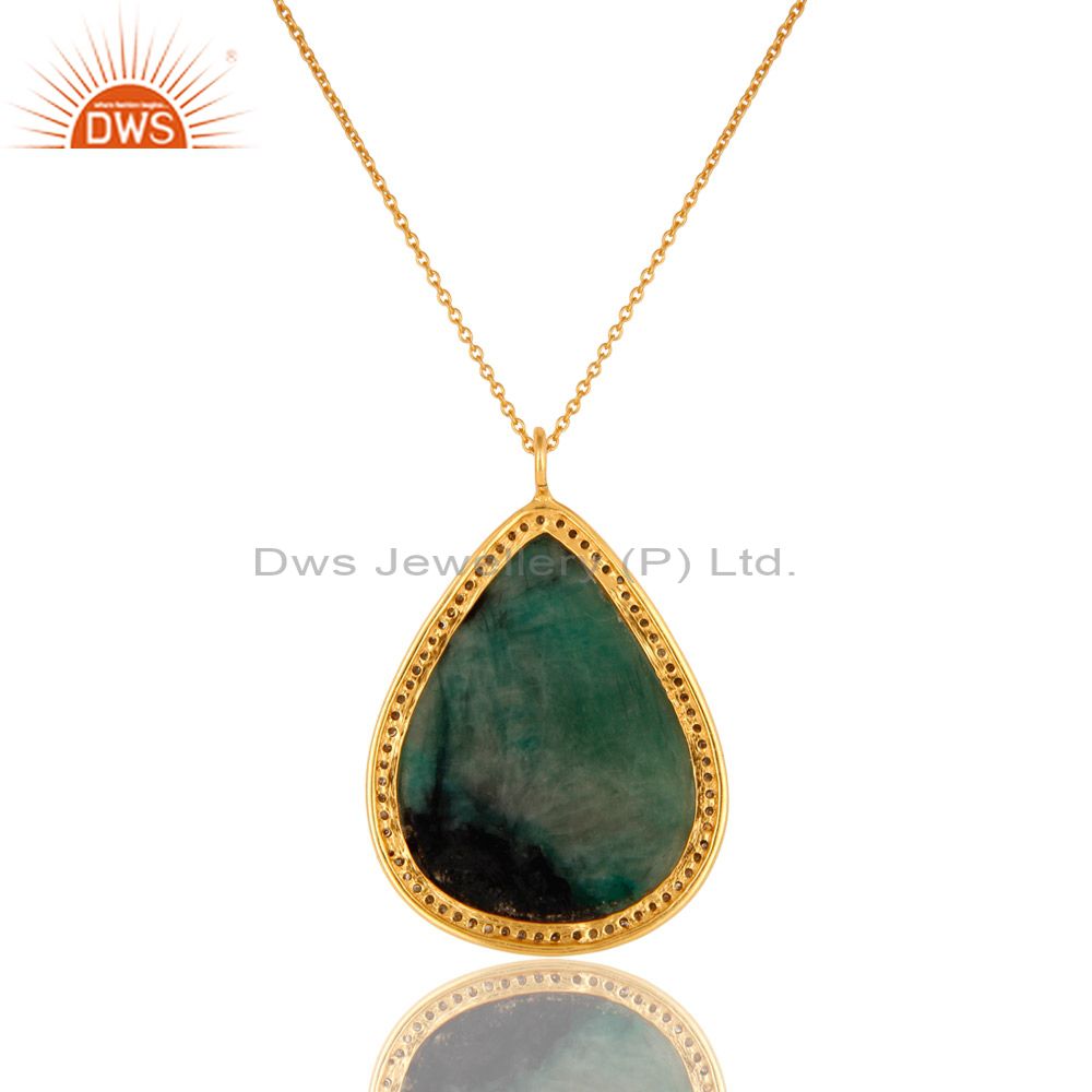 Suppliers 18K Yellow Gold Sterling Silver Emerald And Pave Diamond Pendant With Chain