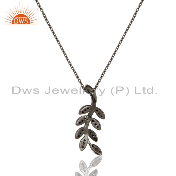 Exporter Black Oxidized With Blue Sapphire Leaf Design Sterling Silver Pendant Necklace