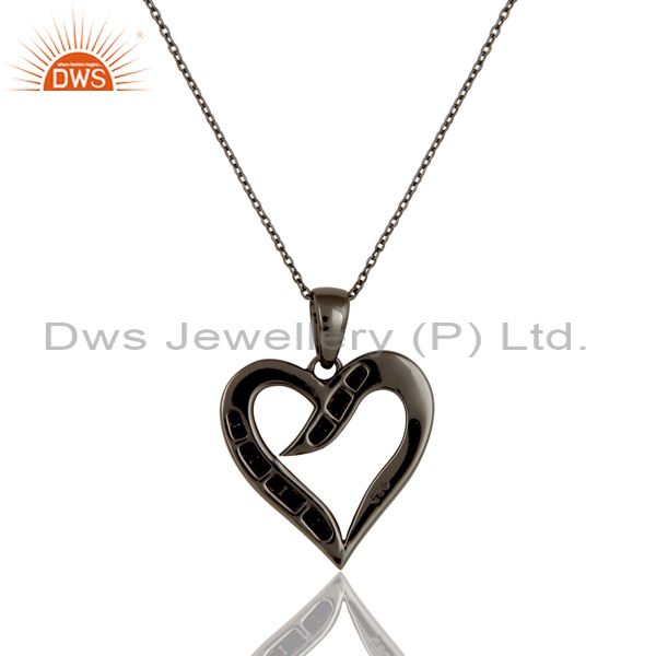 Exporter Heart Design Sterling Silver Pendant Necklace With Oxidized and Blue Sapphire