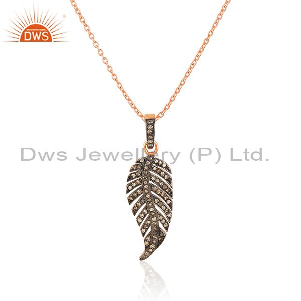 Exporter Feather Design Rose Gold Plated Sterling Silver Pave Diamond Pendant